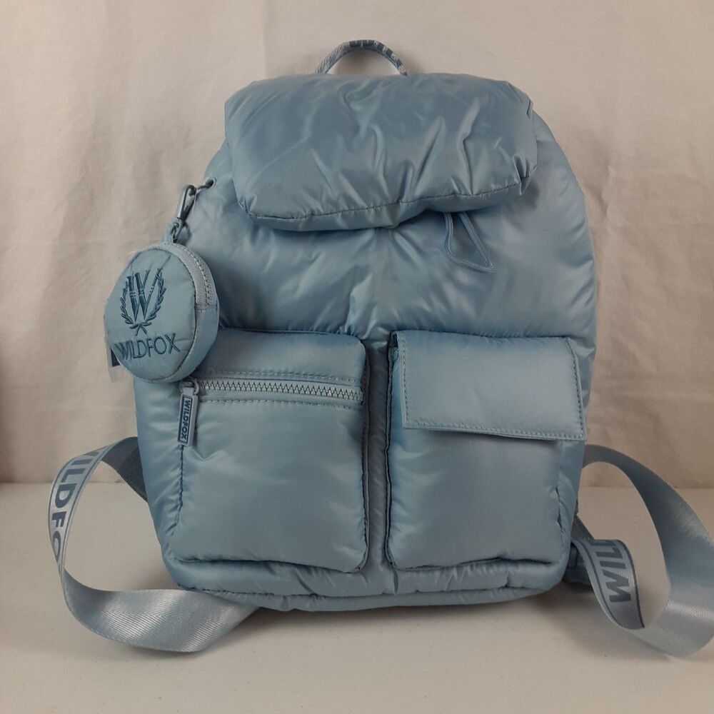 Wildfox Baby Blue Nylon Puffy Backpack Multiple Compartments & Zipper Pouch NEW